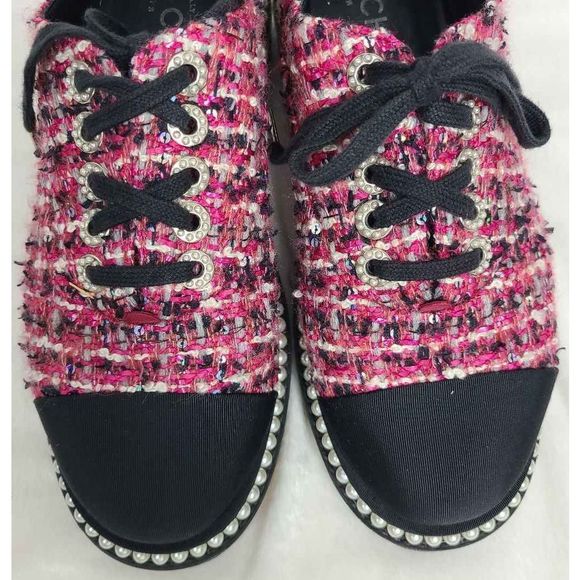 Authentic Chanel Lace Up  Pink and Black Tweed Pearl "CC" Logo Platform Sneakers - Picture 4 of 16